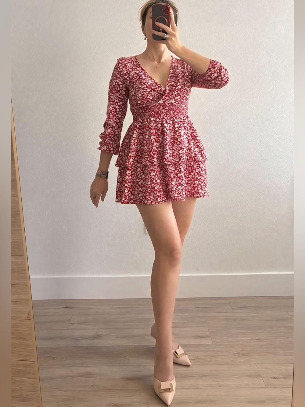 TVOE Red Floral V-Neck Smocked Waist Mini Dress 100% Viscose Size S